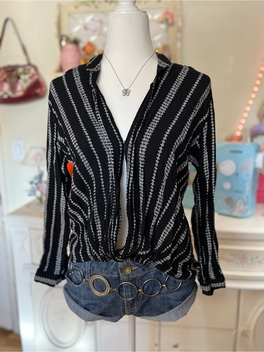 Everly Black and White Striped Button-Front Shirt